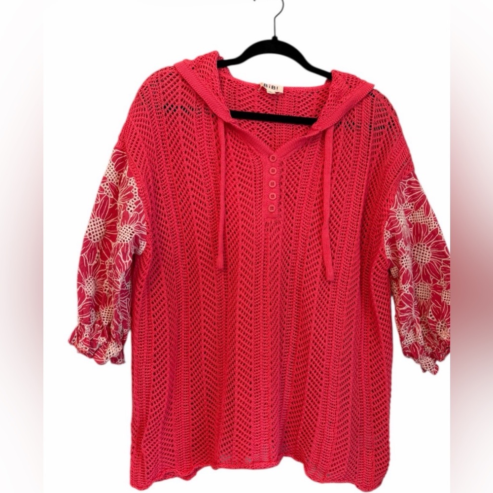 Bibi Coral Crochet Hoodie Top Floral Sleeves XL